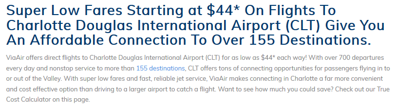Via Air advertised the number of connections at Charlotte, but airport officials said Via Air's flights were too unreliable for passengers to make those connections