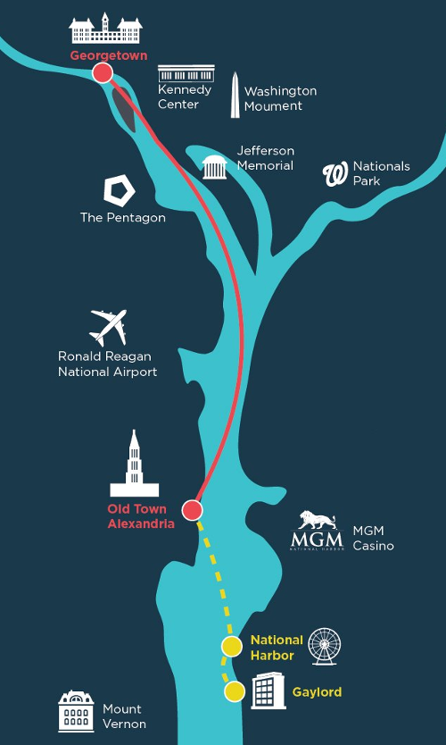 the Potomac Riverboat Company water taxi linked Georgetown, Alexandria, and Gaylord/National Harbor in 2017, before The Wharf in DC opened