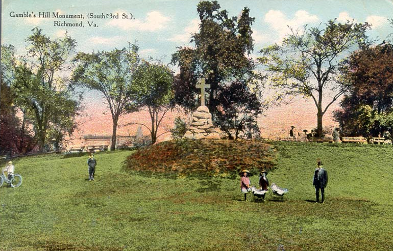the Association for the Preservation of Virginia Antiquities (now Preservation Virginia) erected a cross on Gambles Hill in 1907 to commemorate the arrival of the English colonists 300 years earlier