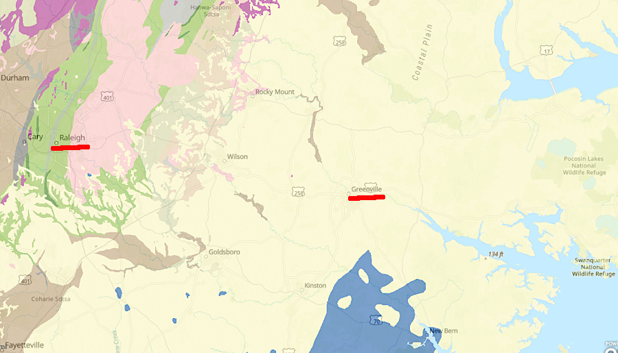 Raleigh is not on the geologic Fall Line, and narrow/shallow rivers forced colonial shipping in North Carolina to stop at Coastal Plain cities such as Greenville