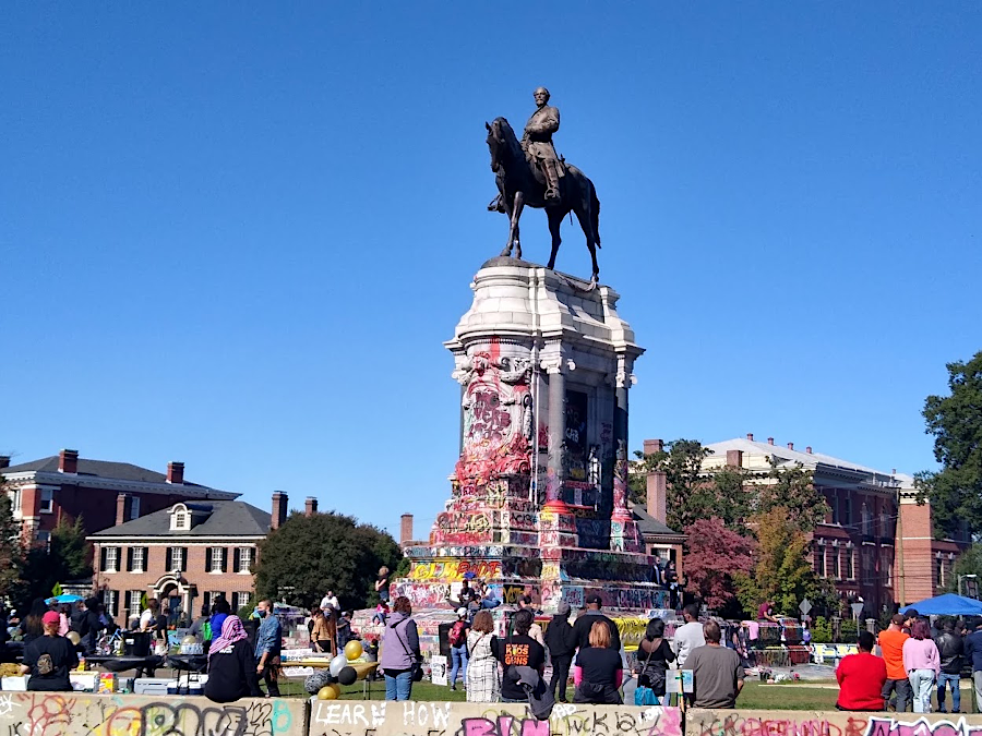the graffiti-covered Lee Monument was scene of celebration of what would have been Marcus-David Peters' 27th birthday on October 17, 2020