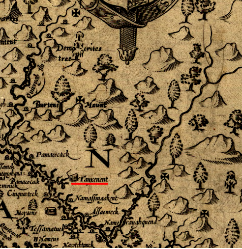 John Smith never explored inland to the what today is Manassas, and added place names (Democrites Tree, Burtons Mount) to the empty/unexplored area in 1624 to recognize people he honored