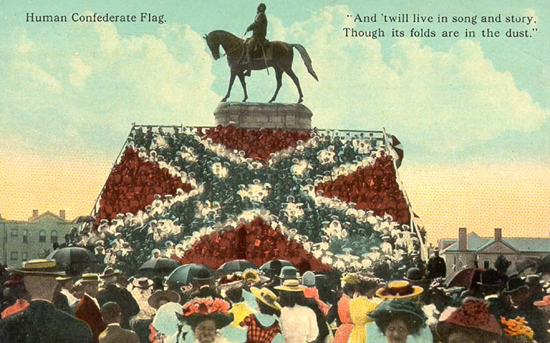 600 white school schildren were dressed and placed in a stand to represent the Confederate battle flag in 1907, when the Jeb Stuart & Jefferson Davis monuments were unveiled