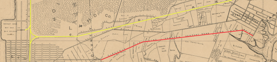 in 1902, regular railroad tracks (yellow) connected Hampton to Newport News while an electric rail line (red) was to the south