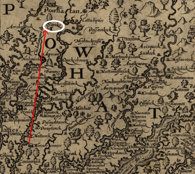 moving from Werowocomoco to Orapakes on the Chickahominy River placed Powhatan's capital in the James River watershed