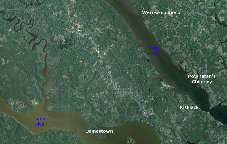 Powhatan's Chimney on Timberneck Creek was once thought to be the location of Werowocomoco