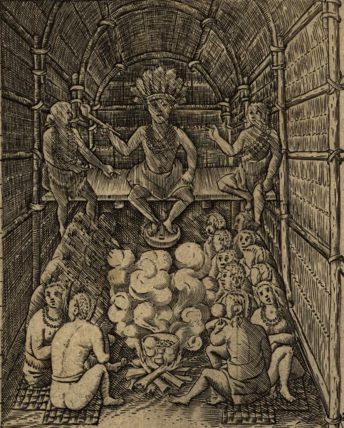 Powhatan in his longhouse, prepared to greet John Smith