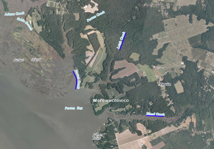 three creeks flow into Purtan Bay, where Werowocomoco is located