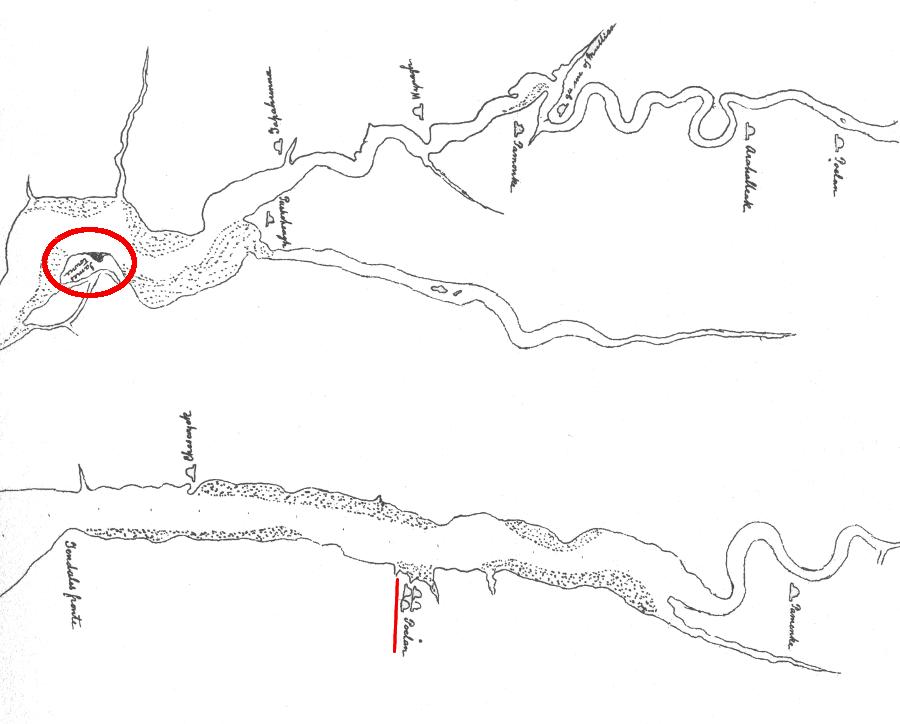 Robert Tindall identified James Town and Native American towns on the James and York rivers (Werowocomoco was labeled as Poetan) on his 1608 map
