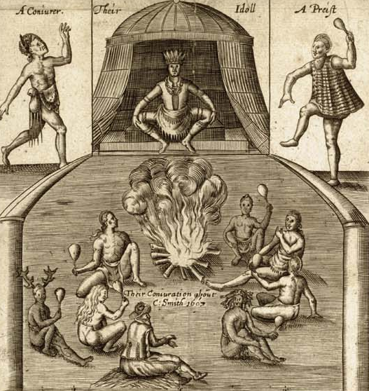 John Smith experienced a a ritual of dancing and conjuration at Opechancanough's town, on the Pamunkey River between Orapakes and Werowocomoco