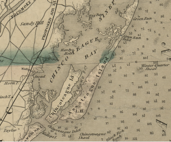 Assateague Island is east of Chincoteague Island, and stretches north into Maryland