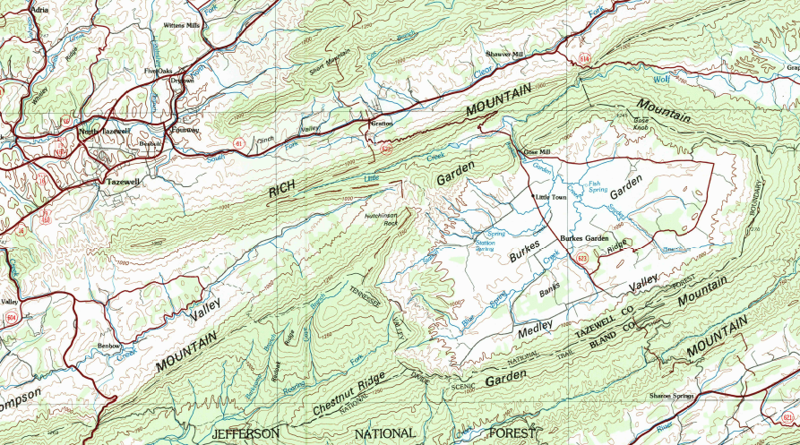 Burke's Garden is a natural valley in Tazewell County, named after James Burk (who never acquired clear title to it)