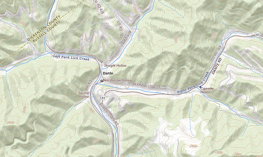 Dante was first called Turkeyfoot due to the shape of three branches of Lick Creek