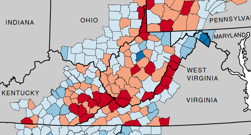 population levels in coal-dependent Appalachian Plateau counties of Buchanan and Dickenson are declining