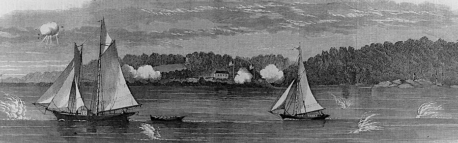Confederate batteries at Evansport firing on Union supply vessels in October, 1861