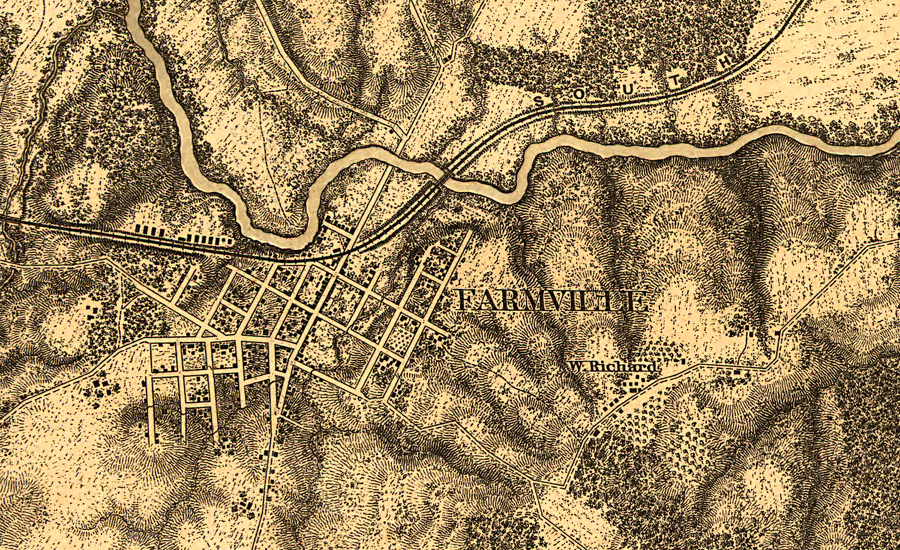 the South Side Railroad crossed the Appomattox River at Farmville, west of its High Bridge crossing