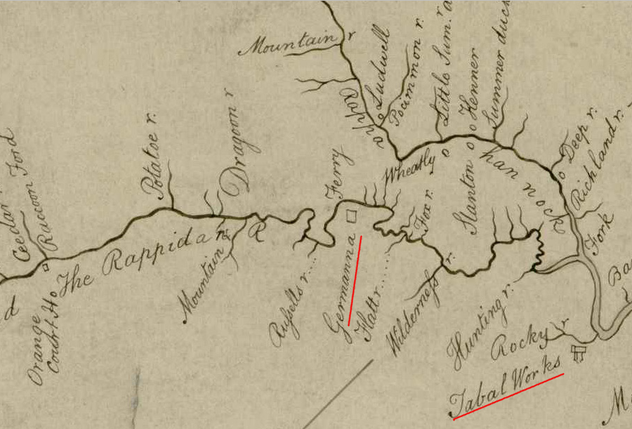 Peter Jefferson's 1747 map of the Fairfax Grant included Germanna and the Tubal Furnace