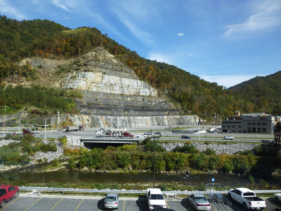 the mountain west of the Levisa Fork was cut back to make room for Grundy Town Center