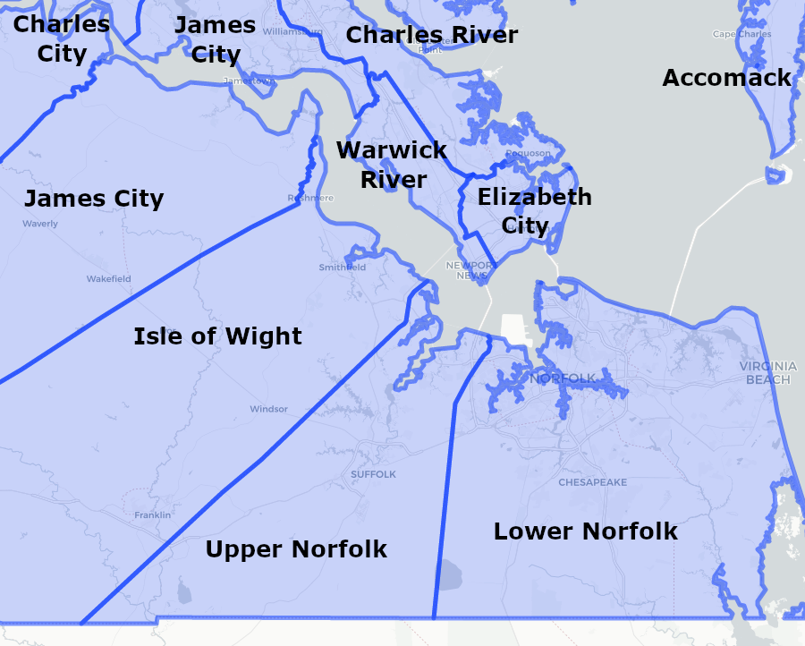 New Norfolk County was created in 1636, then eliminated by division into Upper Norfolk County and Lower Norfolk County in 1637