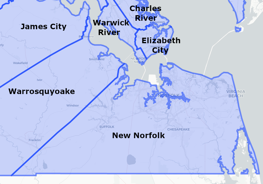 New Norfolk County was created in 1636, then eliminated by division into Upper Norfolk County and Lower Norfolk County in 1637
