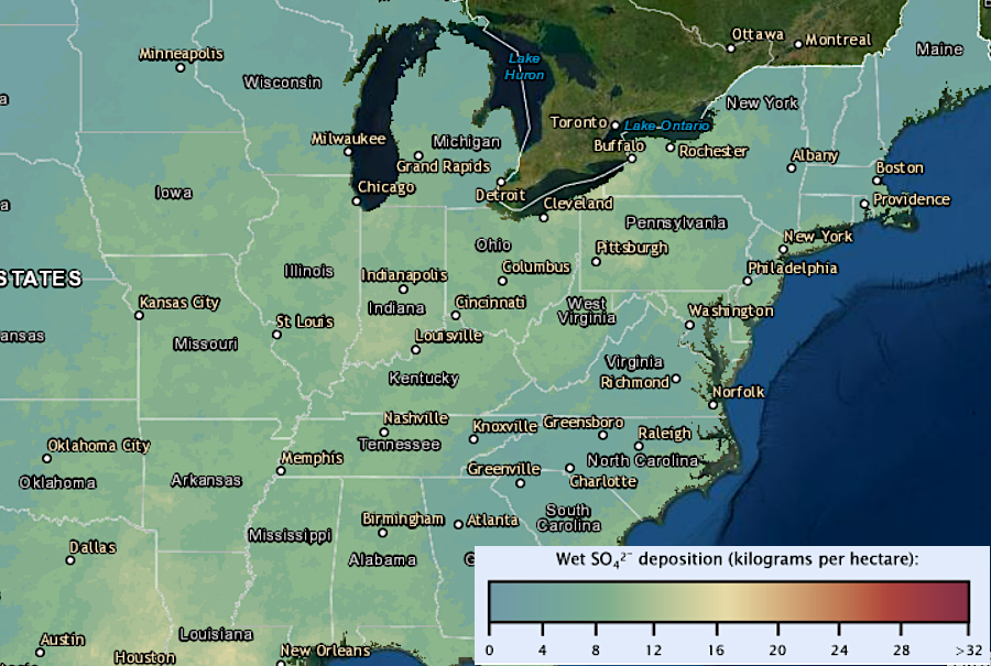 Wet sulfate (SO42-) deposition in the contiguous U.S., 1989-1991 (top) and 2014-2016 (bottom)