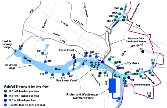 rainfall required for discharge from 29 different overflow outfalls in Richmond  (before construction of the Hampton McCloy Tunnel)