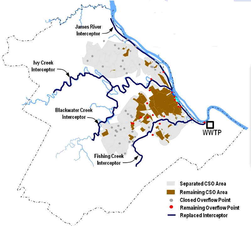 in 2012, after Lynchburg had eliminated discharge from 67% of the CSO Area, the city changed its pollution control strategy in order to save money and avoid disrupting downtown