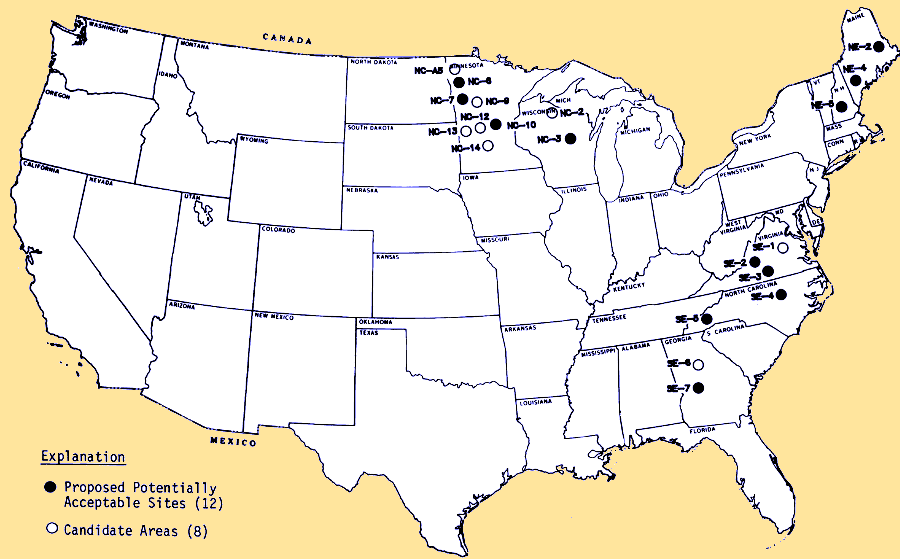 in 1986 the Department of Energy identified 20 potential locations east of the Mississippi River for permanent disposal of high-level radioactive waste, including three in Virginia