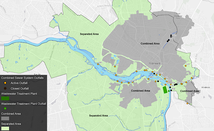 in two-thirds of Richmond, sewage and stormwater are mixed in a Combined Sewer Overflow (CSO) system