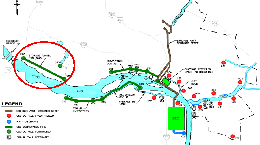 the Hampton McCloy Tunnel stretches from McCloy Street near I-195 to Hampton Street east of Maymont Park, and red dots in the East End indicate where untreated sewage is still released as of 2016