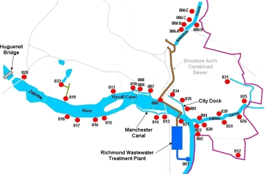 Richmond's sewer system included 31 overflow outfalls along the James River