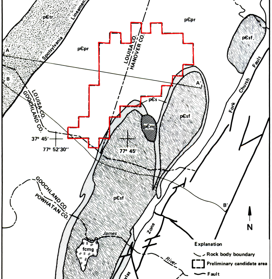 preliminary candidate area SE-1 in Goochland, Louisa, and Hanover counties was located in the Fredericksburg Complex and State Farm gneiss