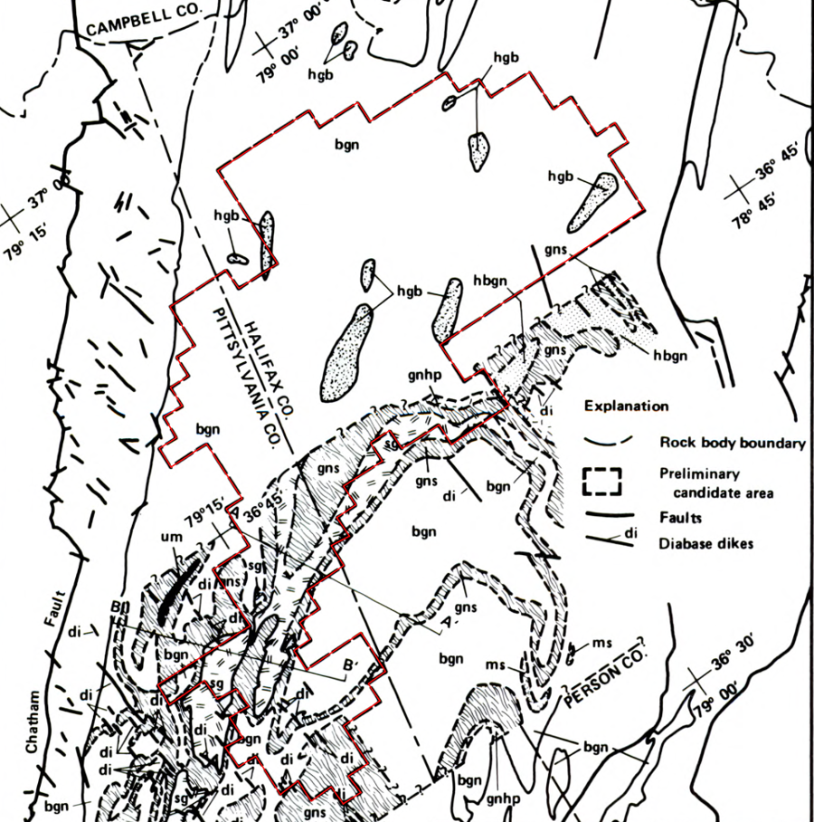 preliminary candidate area SE-3 in Halifax/Pittsylvania counties was located in the Virgilina Gneiss
