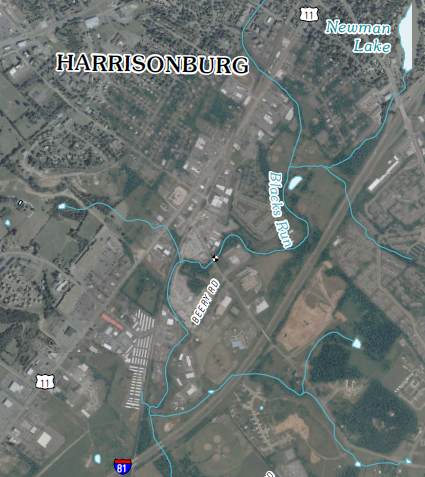 Blacks Run, a tributary of the North Fork of the Shenandoah River, flows underneath I-81 south of Harrisonburg