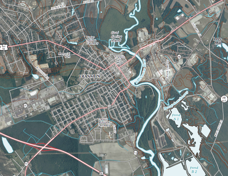 Blackwater River flows through the City of Franklin, before merging with Nottoway River to form the Chowan River at the North Carolina border
