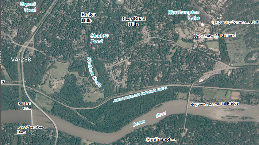 Boshers Dam, upstream from Huguenot Bridge and VA-288 west of Richmond