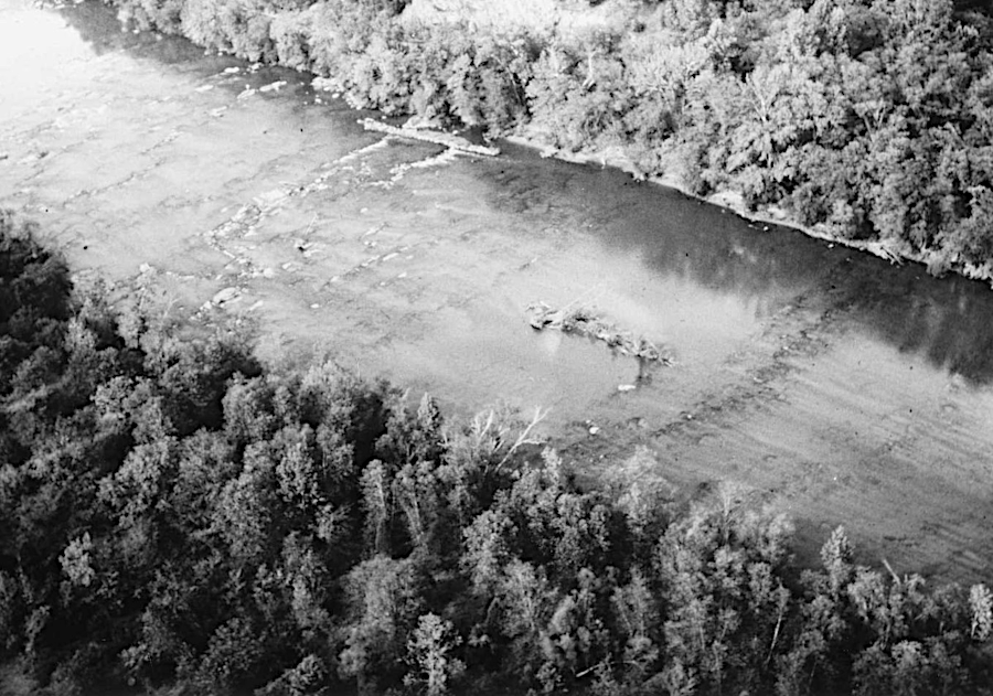 Roanoke River navigation was improved in 1827 by blasting sluices in rock ledges and building wing walls along the shoreline
