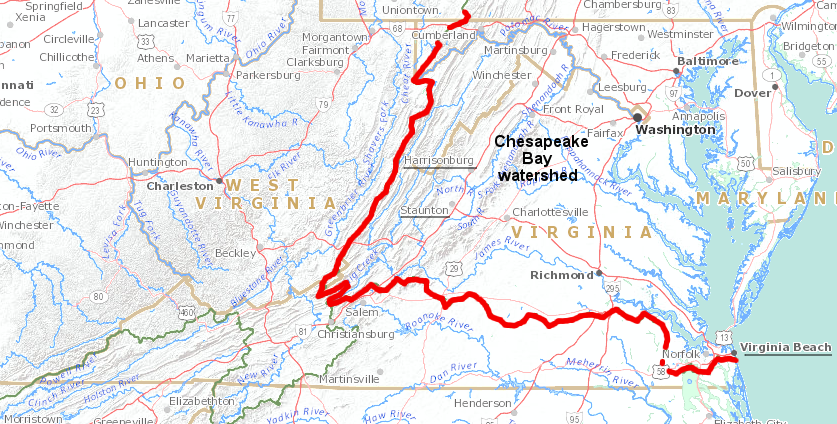 Staunton and Harrisonburg are in the Chesapeake Bay watershed, but the southern part of Virginia is not - including two of the four watersheds of Virginia Beach