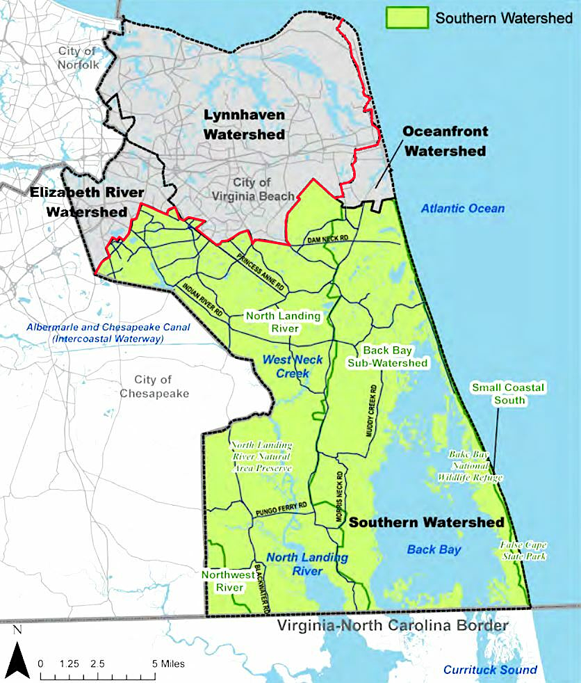 Staunton and Harrisonburg are in the Chesapeake Bay watershed, but the southern part of Virginia is not - including two of the four watersheds of Virginia Beach