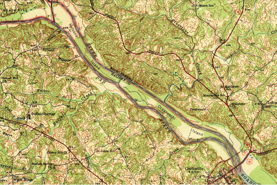 in 1943, Occaneechi Island had not been submerged by a dam on the Roanoke River