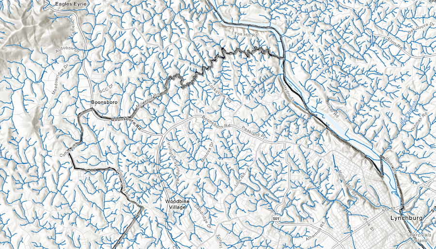 streams around Lynchburg have carved a dendritic drainage pattern