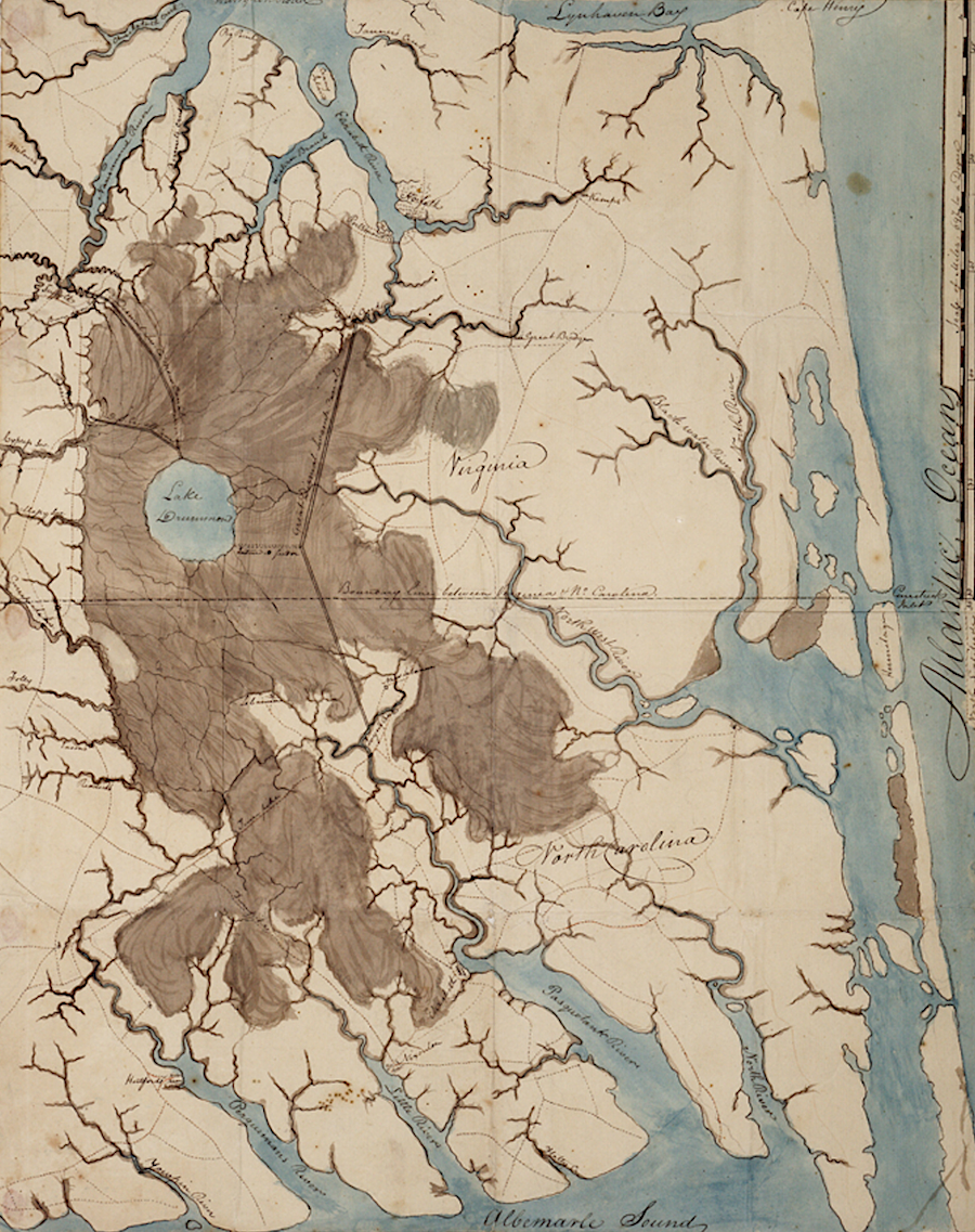 the swamplands around Lake Drummond (dark brown) were far more extensive in 1808 compared to today