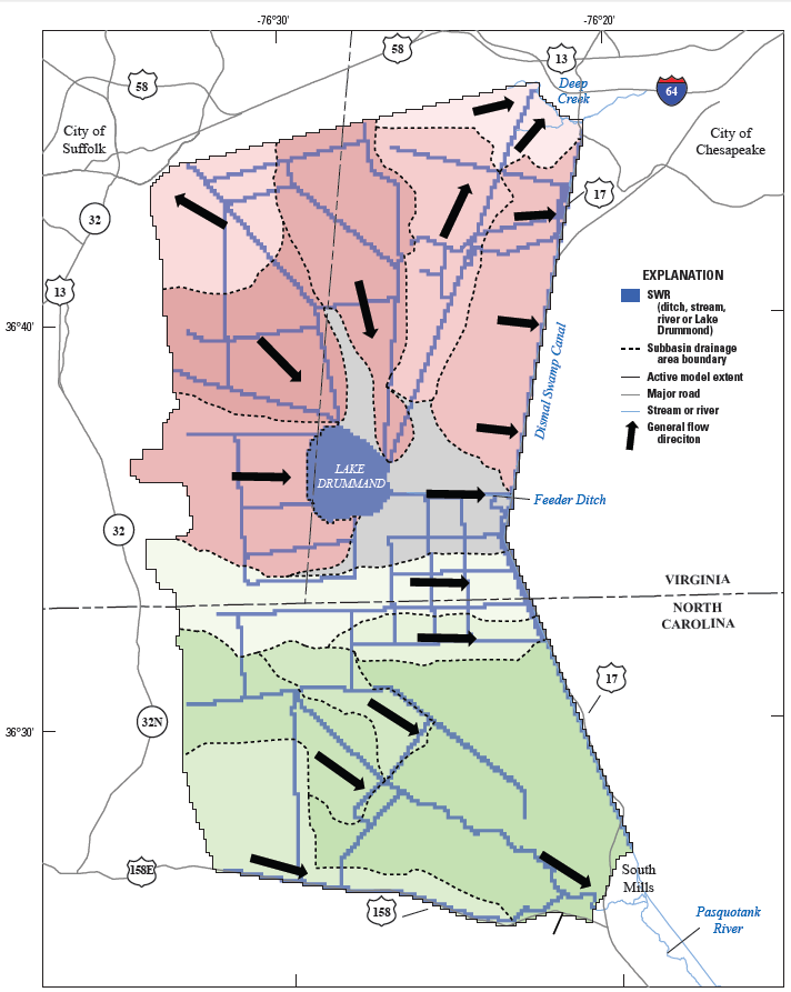 water flows north from the Dismal Swamp towards Suffolk and Deep Creek, as well as east and southeast