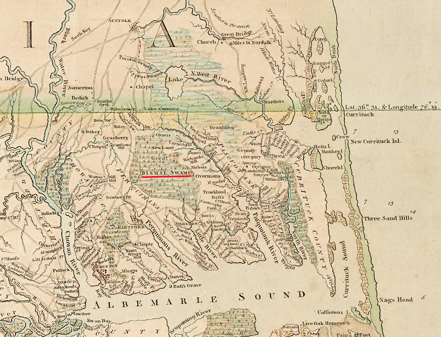 the Dismal Swamp extended south into North Carolina to the headwaters of the Perquimans River