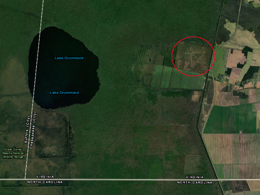 the shadow of a planned-but-uncompleted World War II military airfield is still evident