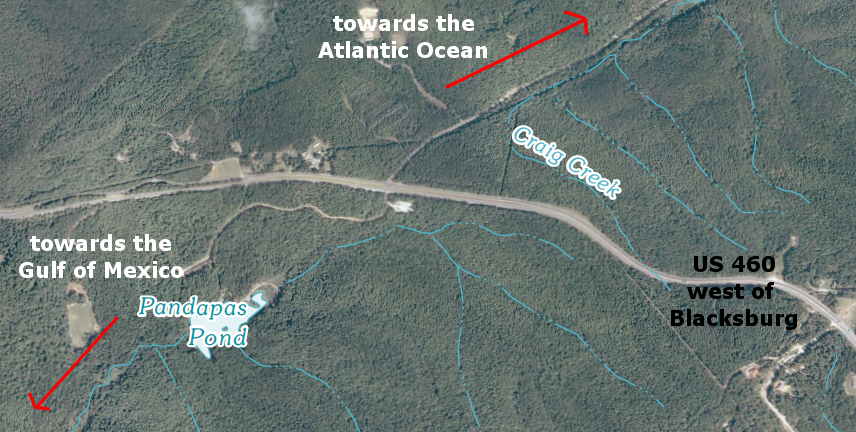 watershed divide between James and New rivers, west of Blacksburg