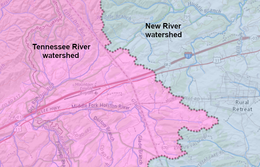 drivers on I-81 rarely notice when they have crossed the watershed divide separating the Tennessee and New rivers