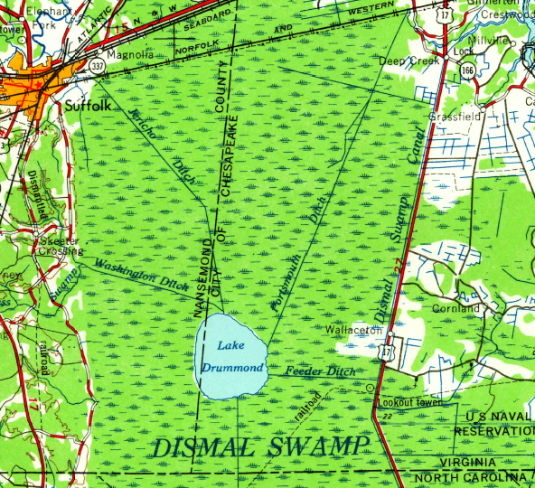 in 1954, the new City of Chesapeake had replaced Norfolk County on the eastern edge of Lake Drummond, but the City of Suffolk had not yet replaced Nansemond County on the west