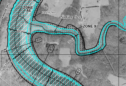 the Flood Insurance Rate Map for confluence of Sinking Creek and New River, at Eggleston in Giles County, shows most of the area with a 1% risk of a flood (Zone X) is also in the floodway (Zone AE)