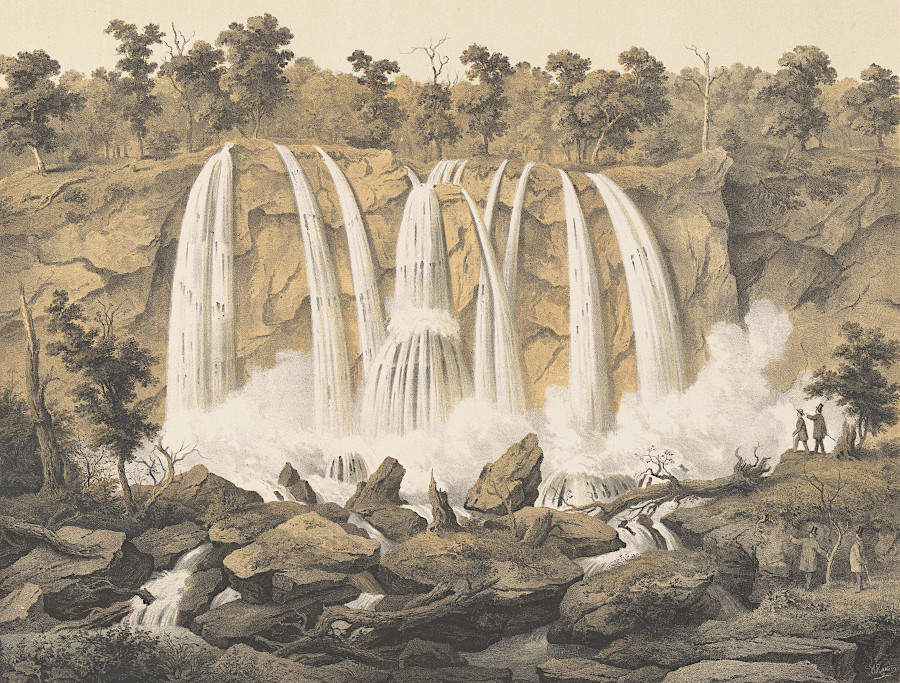 mining of travertine after 1914 reduced the height of Falling Springs from 200' to 70'